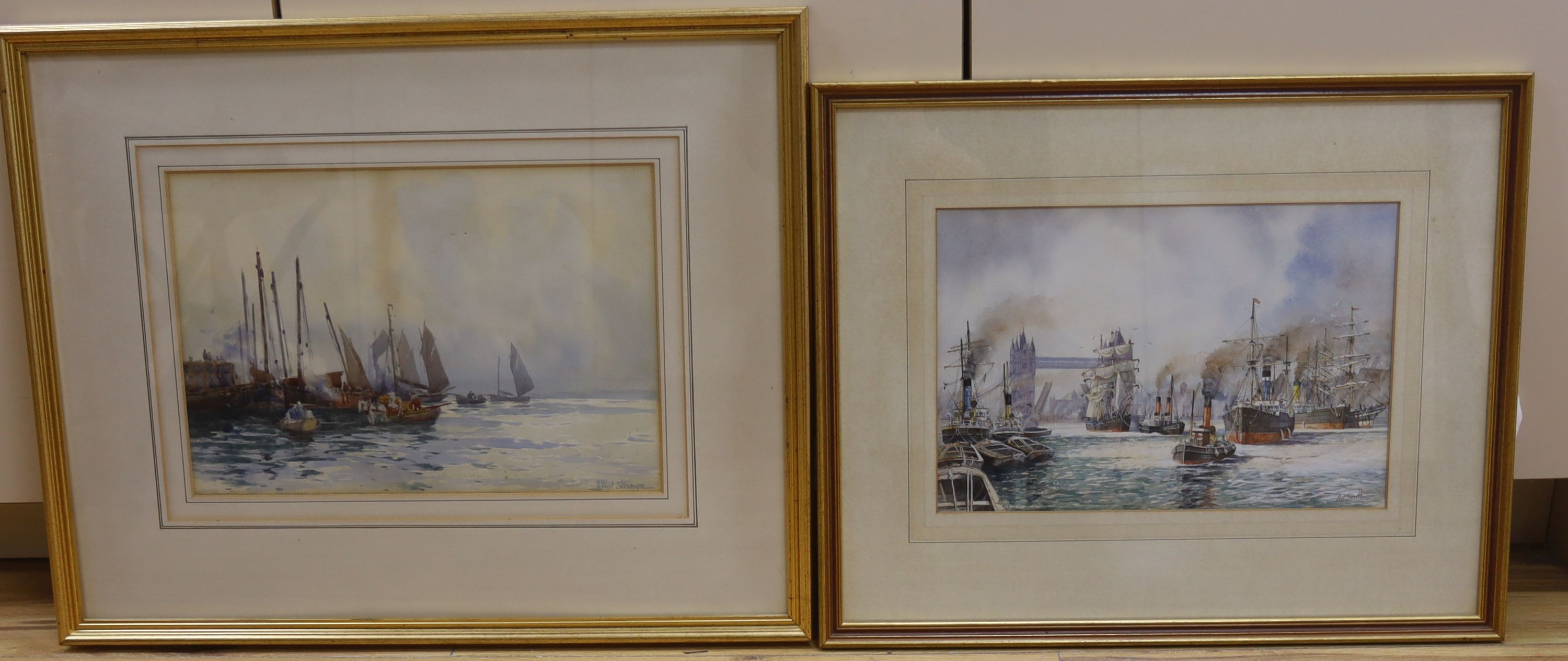 Albert Smith (b.1941), watercolour, Tower Bridge, 23 x 34cm and an Albert Strange watercolour of Fishing boats, 25 x 36cm